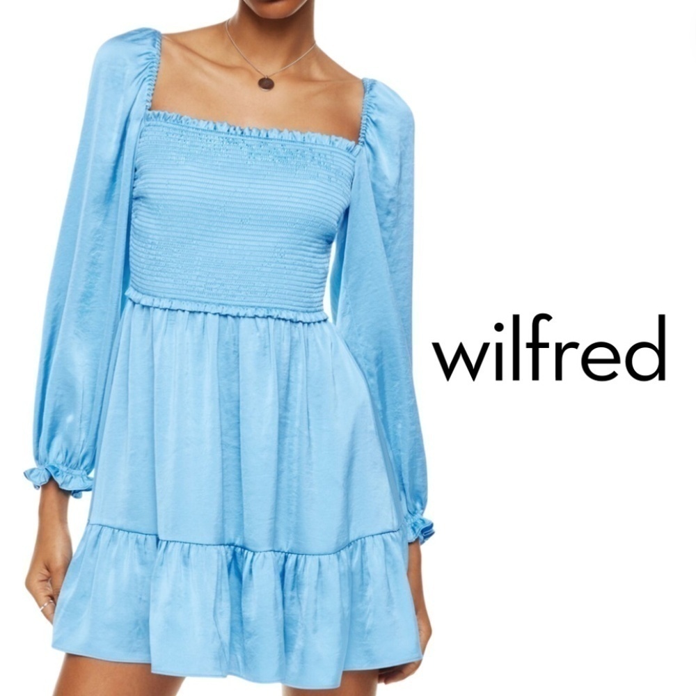 Wilfred Tempest Satin Dress Smocked Mini Dress - Wave Blue - Size Small